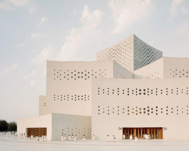Facade of Shrimad Rajchandra Ashram Satsang Hall by Serie Architects in Dharampur, Gujarat.