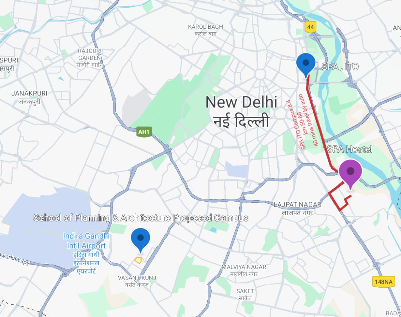 Map showing the locations of SPA Delhi’s ITO campus, Maharani Bagh hostel, and the proposed Vasant Kunj campus site.