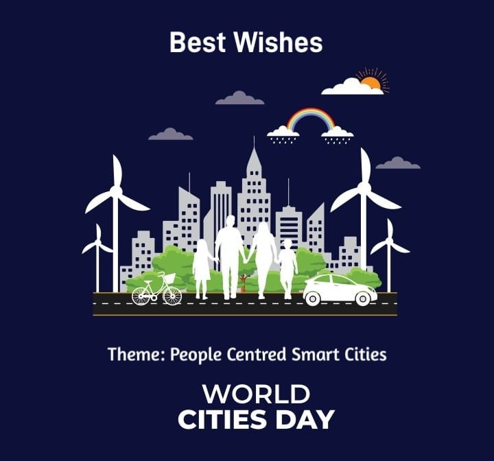 Illustration celebrating World Cities Day 2025 with the theme “People Centred Smart Cities,” showing a family walking in a sustainable urban setting featuring wind turbines, greenery, bicycles, and eco-friendly transport against a city skyline backdrop.