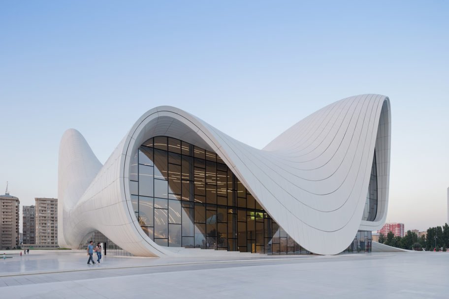 The Heydar Aliyev Center in Baku with its signature flowing white curves designed by Zaha Hadid.