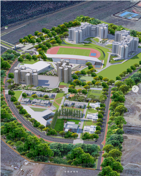 Aerial masterplan view of Tata Steel’s eco-friendly township with green zones, housing, and sports facilities.