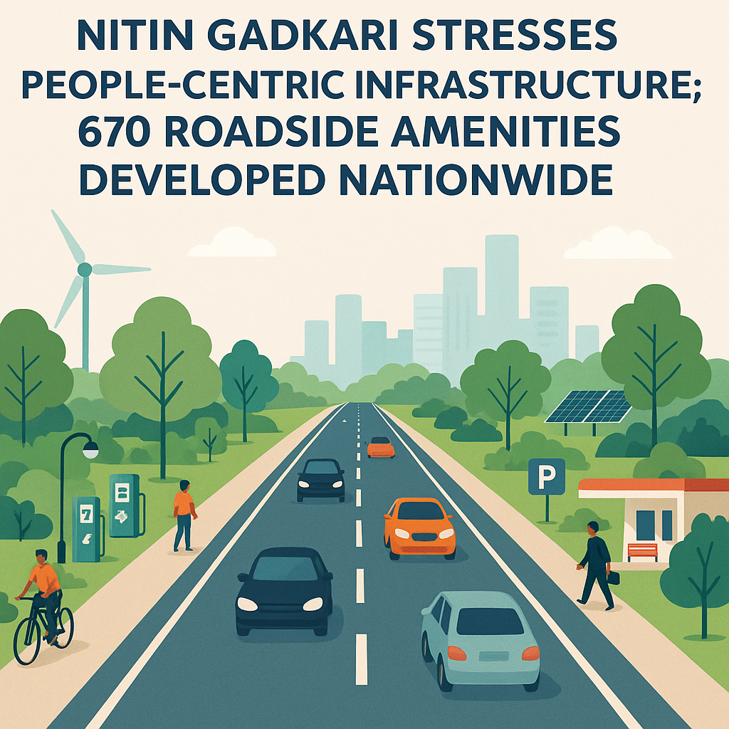 Nitin Gadkari Illustration of a modern Indian highway with roadside amenities, electric vehicle charging stations, greenery, and people walking and cycling, symbolizing people-centric and sustainable infrastructure.