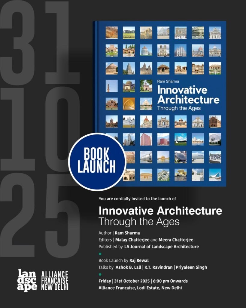 Poster of the book launch event for Innovative Architecture Through the Ages by Ram Sharma at Alliance Française, New Delhi.