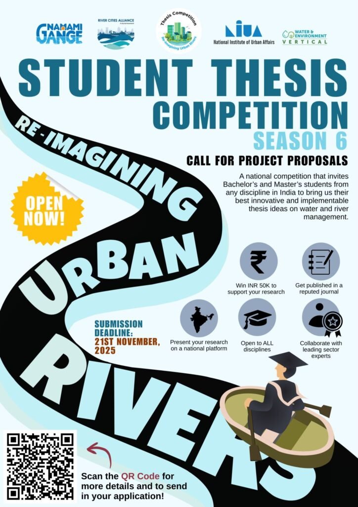 NIUA’s Student Thesis Competition 2025 poster inviting project proposals on re-imagining urban rivers.