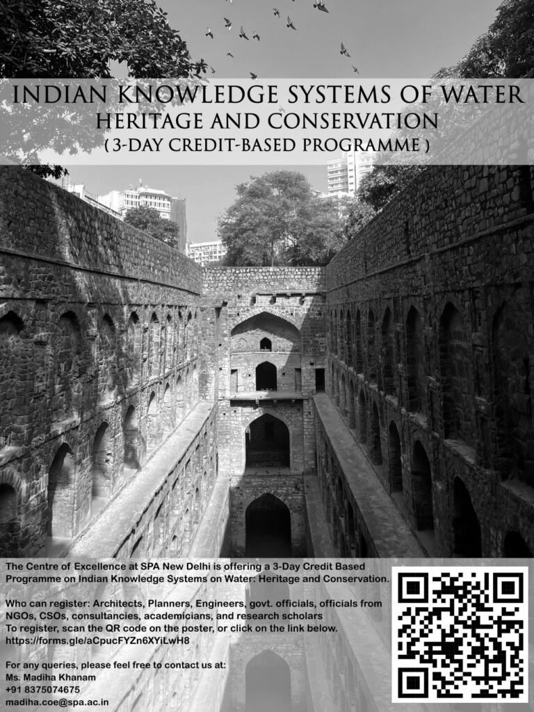 Promotional poster of SPA Delhi’s 3-Day Programme on Indian Knowledge Systems of Water: Heritage and Conservation, featuring an ancient stone stepwell and course details.
