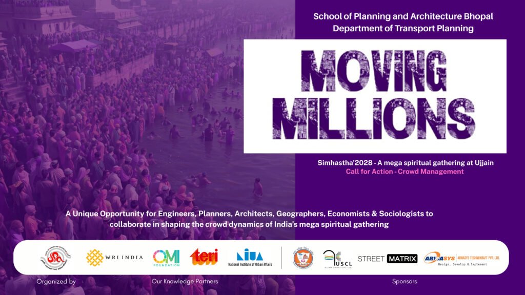 Graphic poster showing a dense crowd of pilgrims at a riverbank during a holy gathering, alongside text announcing SPA Bhopal’s “Moving Millions” crowd-management competition for Simhastha 2028, with logos of partner organizations at the bottom.