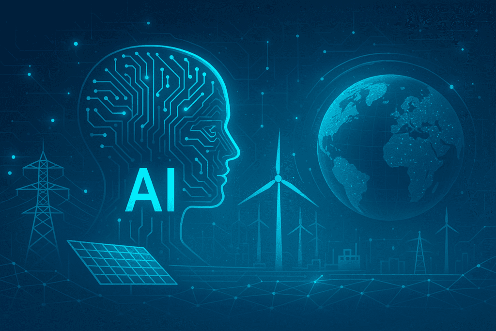 AI-driven energy innovation concept showing digital networks, smart grids, and global energy systems.