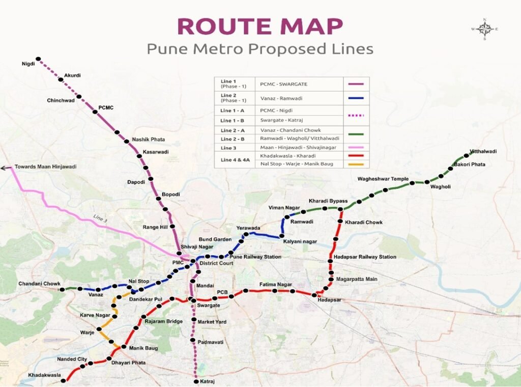 Route map of the proposed Pune Metro lines showing Line 1, Line 2, Line 1A, Line 1B, Line 2A, Line 2B, Line 3, and Line 4 & 4A across major stations such as Swargate, Kharadi, Hadapsar Railway Station, Nal Stop, Warje, Shivajinagar, PCMC, Nigdi, Chandani Chowk, and Khadakwasla.