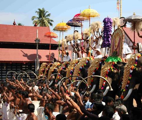 Caparisoned elephants and Panchari Melam performance during Sree Poornathrayesa temple festival, Thrippunithura, Kerala