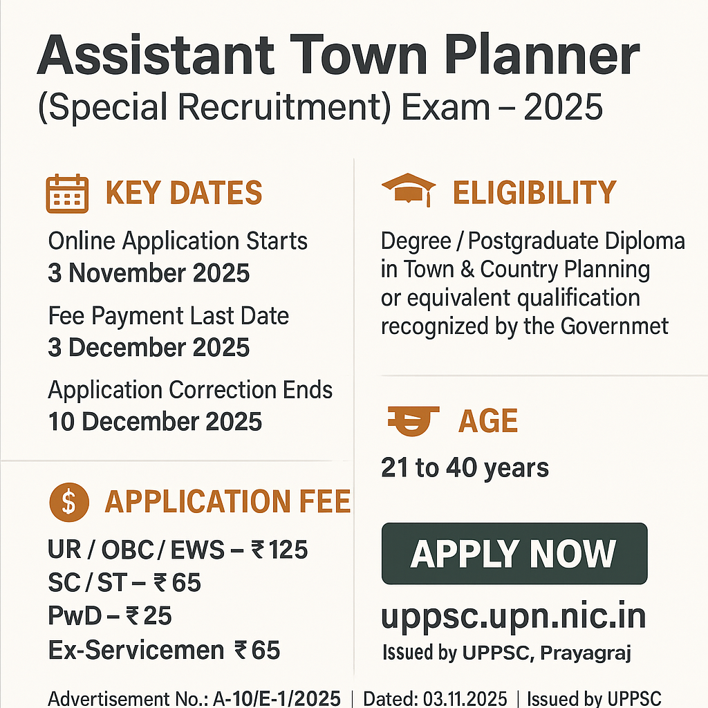 Digital graphic announcing the Uttar Pradesh Public Service Commission (UPPSC) Assistant Town Planner (Special Recruitment) Examination 2025, displaying key dates, eligibility criteria, age limit, and application fee details with an “Apply Now” button linking to uppsc.up.nic.in.