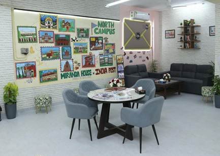 Gen-Z seating area inside the modernized Delhi University Post Office with vibrant wall art.
