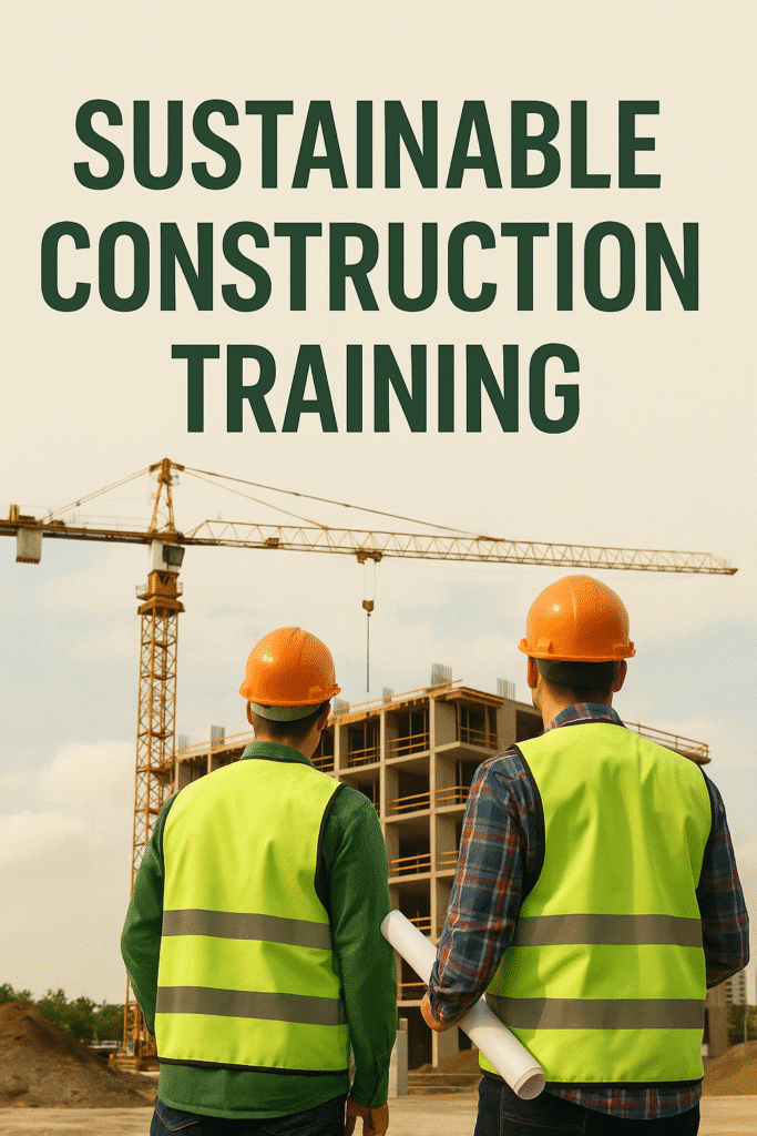 Two construction professionals wearing safety helmets and fluorescent vests observe an under-construction multi-story building with cranes, promoting sustainable construction training.