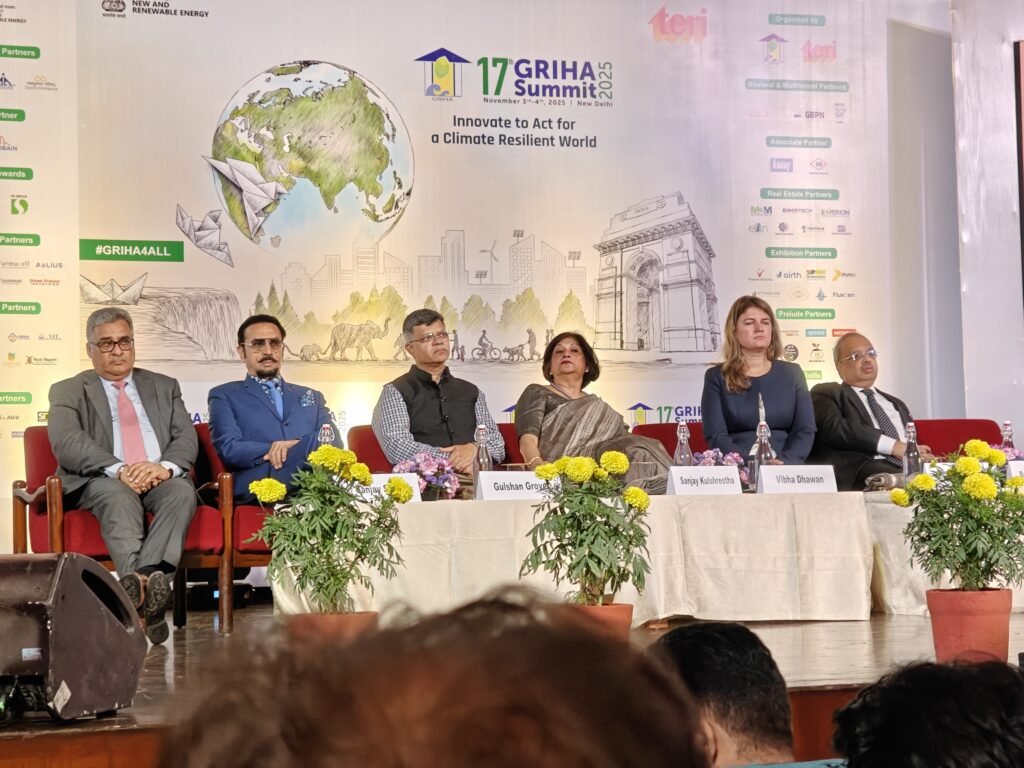 Panel of dignitaries including Gulshan Grover, Sanjay Seth, Vibha Dhawan, and other experts seated during the valedictory session of the 17th GRIHA Summit 2025.