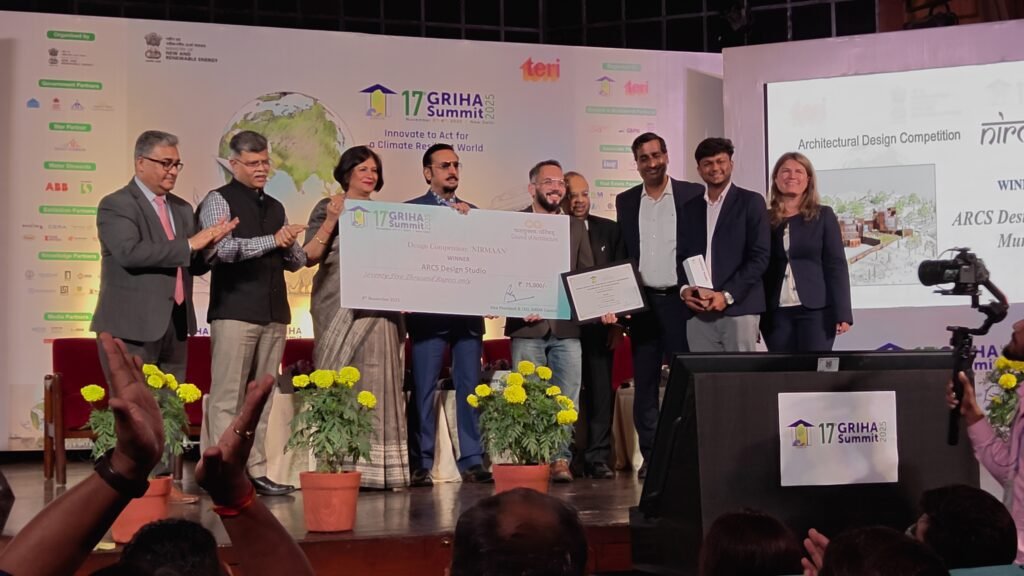 Madras Spaces team receiving the Special Mention award at the Nirmaan Architectural Design Competition during the 17th GRIHA Summit 2025, with dignitaries presenting a ₹50,000 cheque.