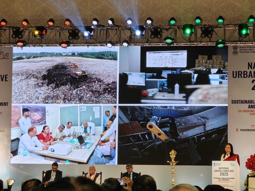 Visual presentation showing dumpsite remediation, command-and-control operations, and field activities at the National Urban Conclave 2025.