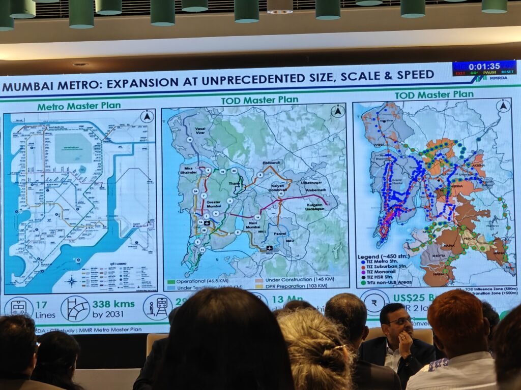 Presentation slide showing Mumbai Metro’s 338 km expansion plan and TOD masterplan at the National Urban Conclave 2025.