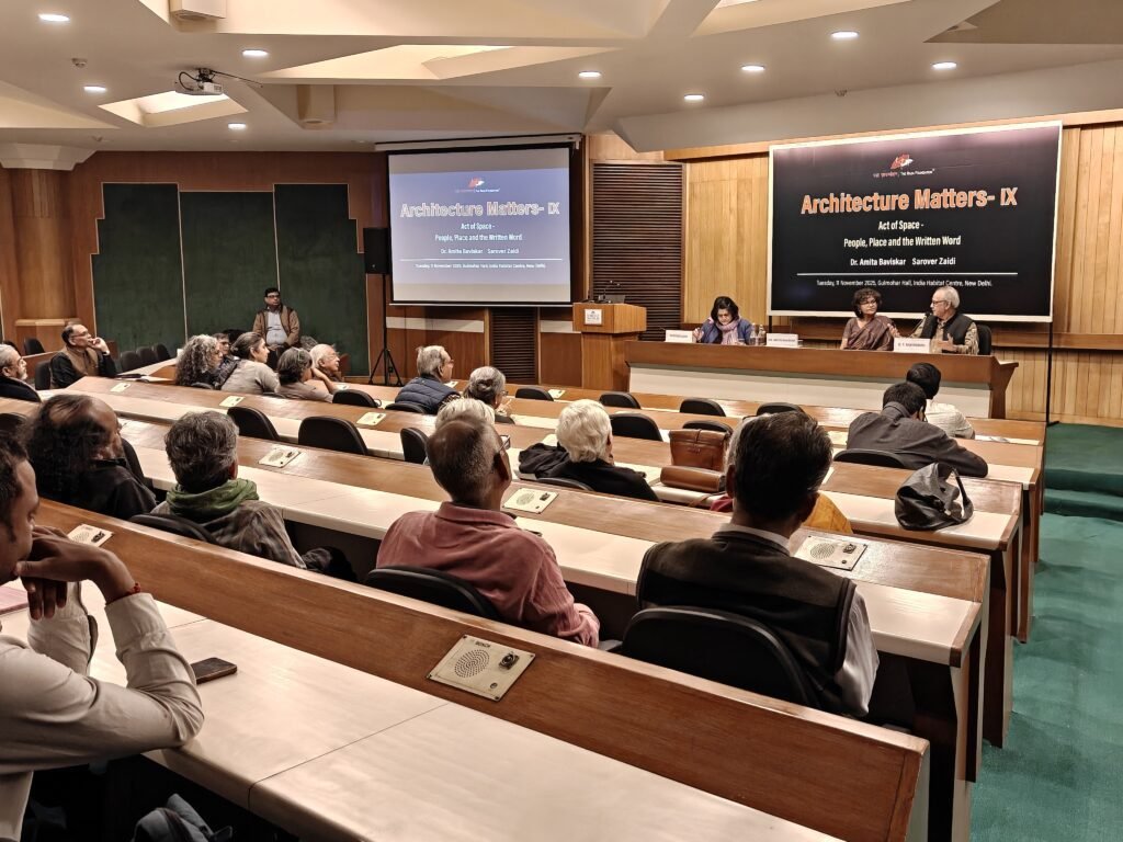 Audience and speakers at the ninth session of the "Architecture Matters" lecture series at the India Habitat Centre, New Delhi, organised by The Raza Foundation.