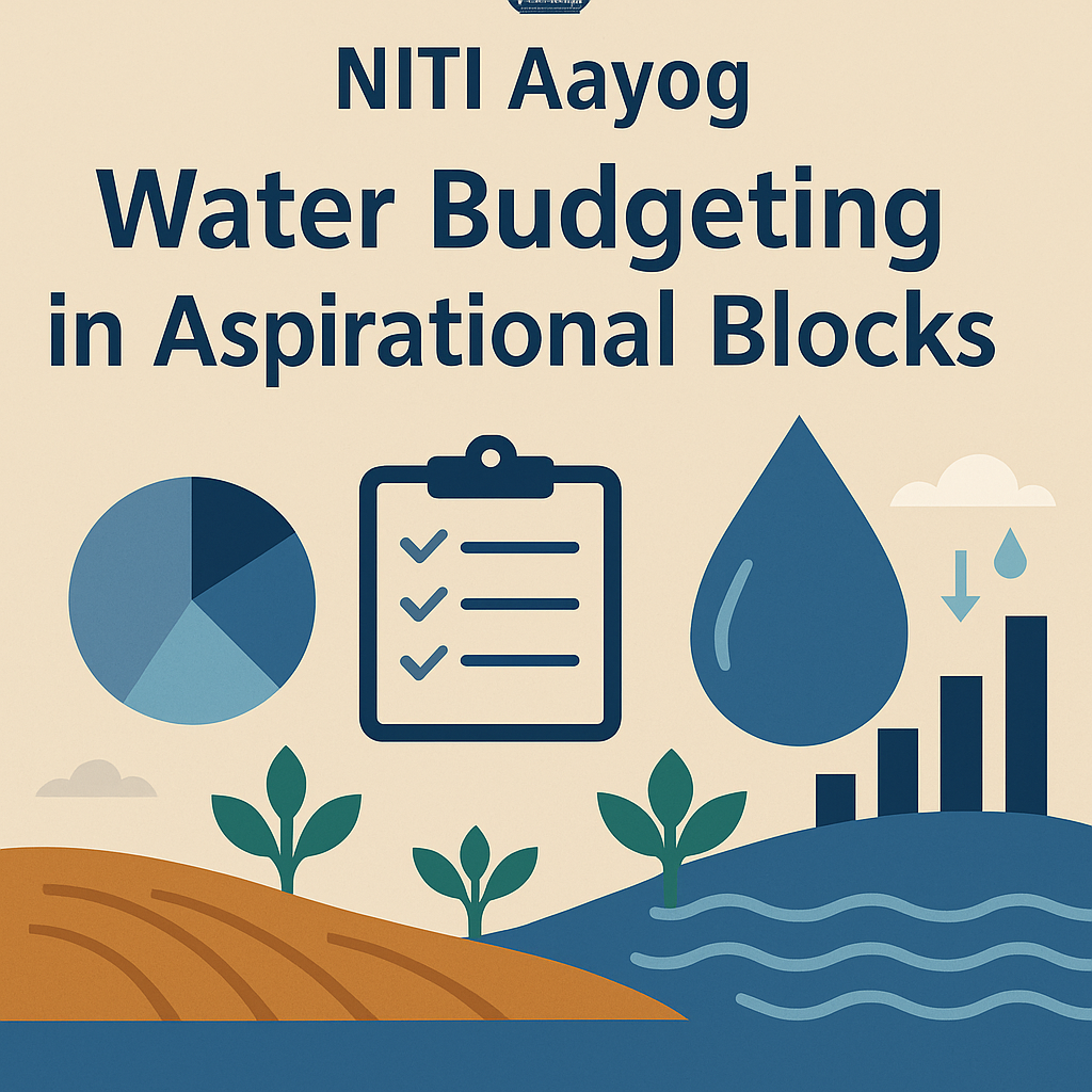 Illustration showing NITI Aayog’s Water Budgeting in Aspirational Blocks, featuring icons of water droplets, charts, agriculture, and the Varuni planning concept.