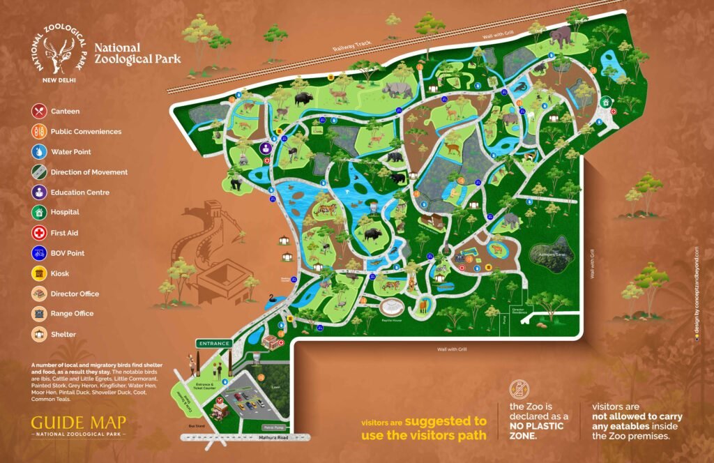 Illustrated guide map of the National Zoological Park, New Delhi, showing animal enclosures, visitor path, canteens, water points, and key facilities including education centre, hospital, and first aid stations.