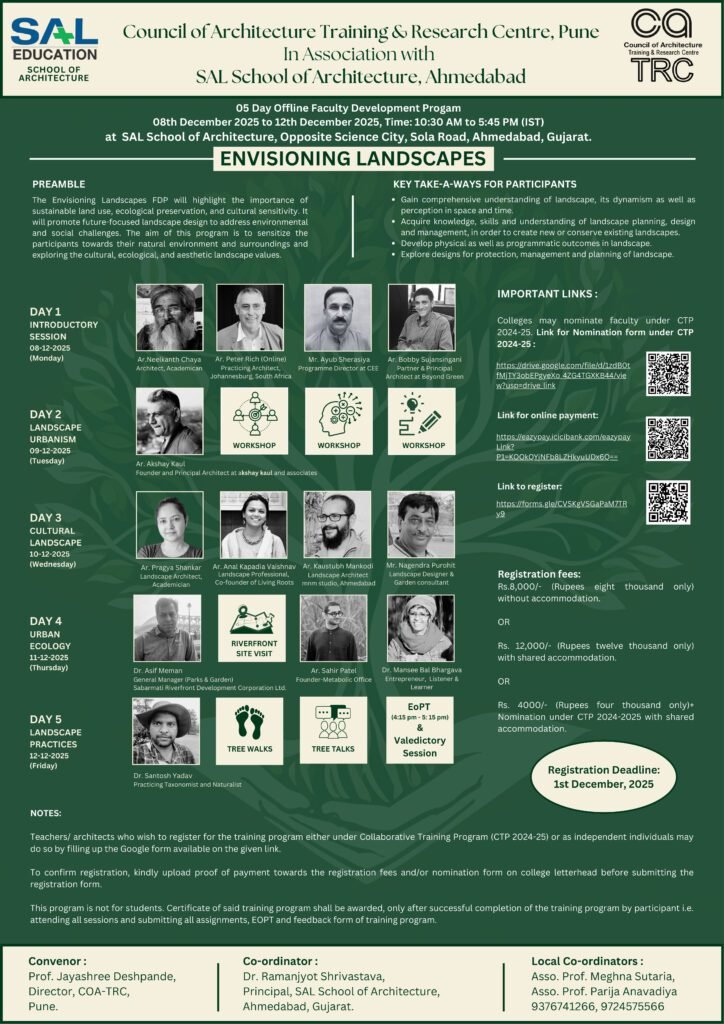Poster of “Envisioning Landscapes” Faculty Development Programme by COA-TRC and SAL School of Architecture, Ahmedabad, Dec 8–12, 2025.
