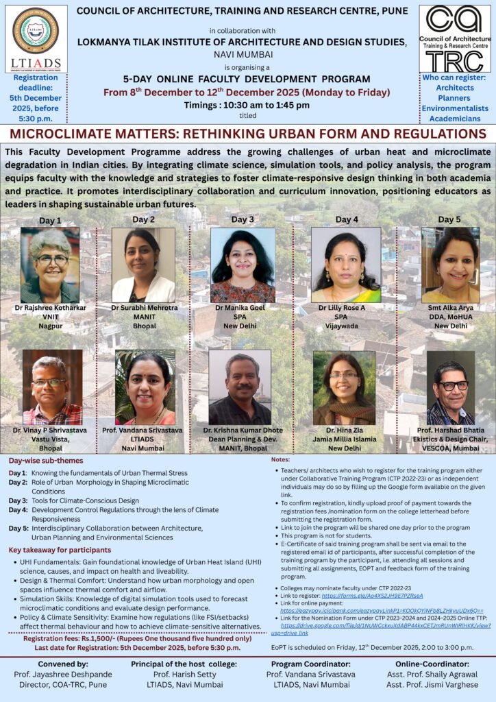 Poster of the 5-day online Faculty Development Programme titled ‘Microclimate Matters: Rethinking Urban Form and Regulations,’ organized by COA-TRC Pune and LTIADS Navi Mumbai, scheduled from 8–12 December 2025, featuring speakers, themes, and registration details.