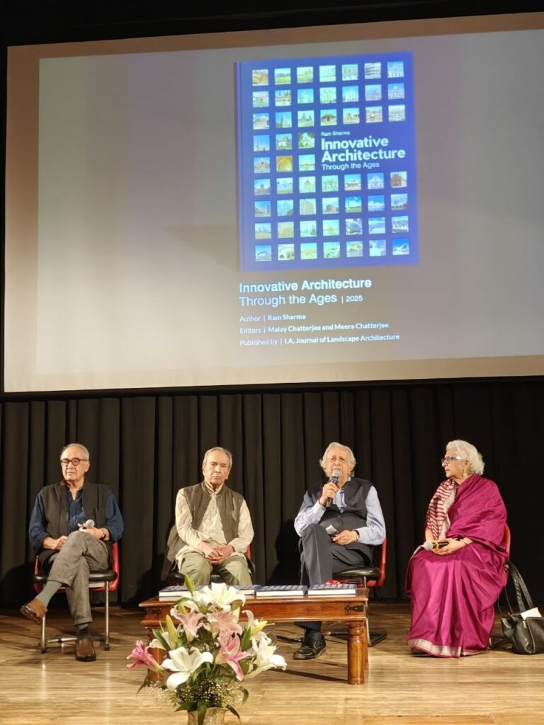 Prof. Ram Sharma, along with distinguished architects and editors, releasing his book “Innovative Architecture Through the Ages”—a celebration of architectural evolution and innovation.