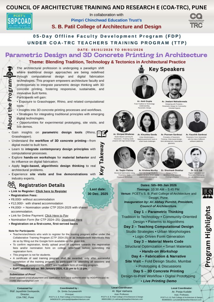 Faculty Development Program on Parametric Design and 3D Concrete Printing organized by COA-TRC Pune and S. B. Patil College of Architecture and Design.
