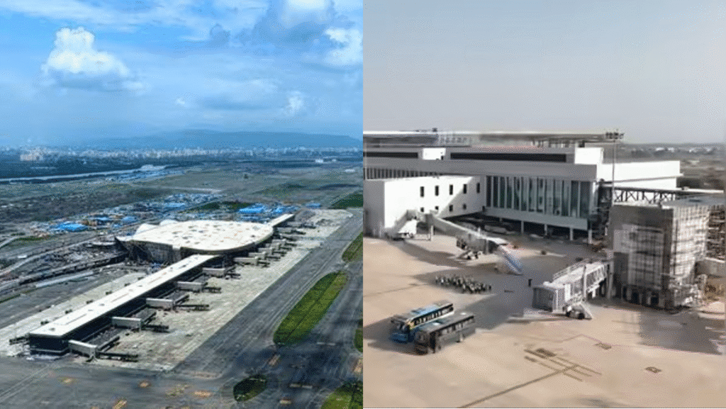 Side-by-side aerial views of Navi Mumbai International Airport and Noida International Airport at Jewar, showcasing India’s upcoming aviation infrastructure landmarks in October 2025.