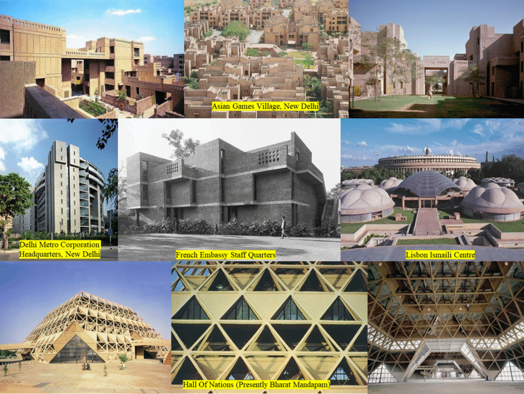 Collage showcasing major architectural works by an Indian architect, including the Asian Games Village, Delhi Metro Rail Corporation Headquarters, French Embassy Staff Quarters, Lisbon Ismaili Centre, and views of the Hall of Nations (now Bharat Mandapam).