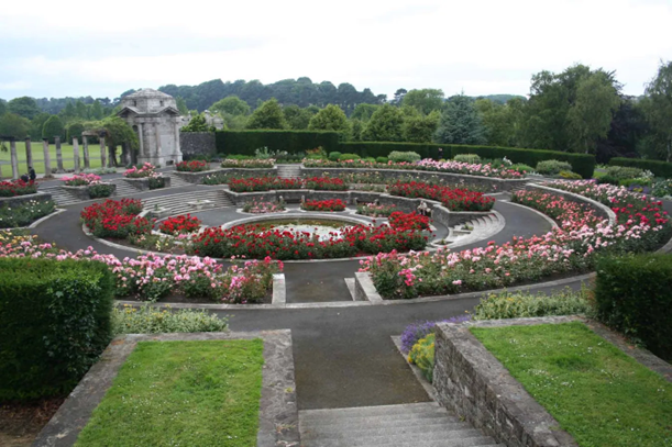 Irish National War Memorial Gardens in Dublin designed by Sir Edwin Lutyens, featuring sunken rose gardens and granite pavilions.