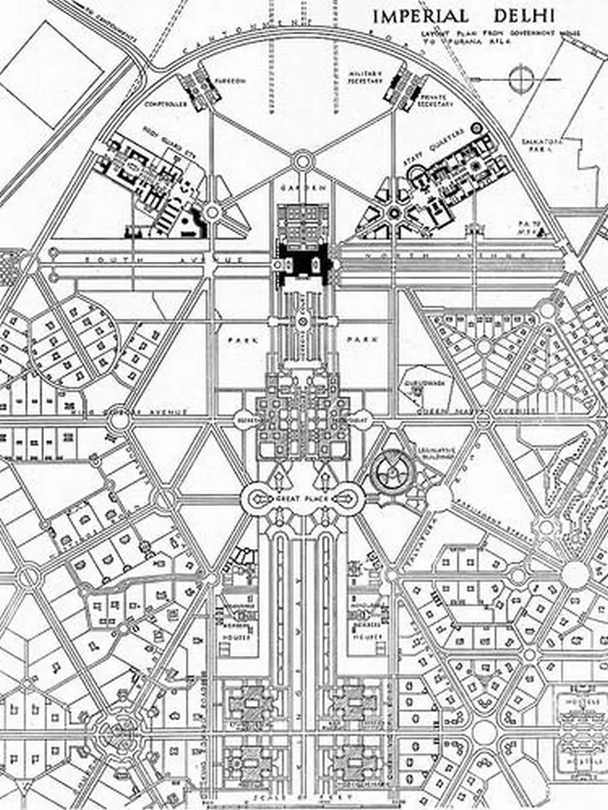 Original master plan of Imperial Delhi (now New Delhi) designed by Sir Edwin Lutyens, showing the axial layout connecting Rashtrapati Bhavan, Rajpath, and India Gate.