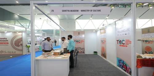 Sahitya Akademi’s exhibition stall displaying tribal literature and publications at the Tribal Business Conclave 2025.