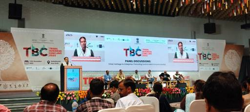 Panelists and speakers participating in the discussion on tribal entrepreneurship and cultural heritage at the Tribal Business Conclave 2025.
