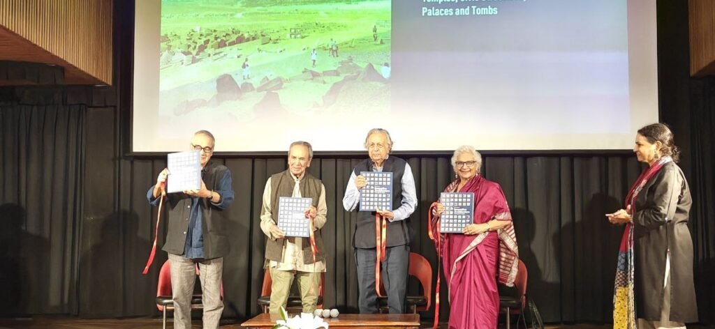 Eminent architects unveiling the book “Innovative Architecture Through the Ages” by Prof. Ram Sharma during its launch event at Alliance Française, New Delhi.
