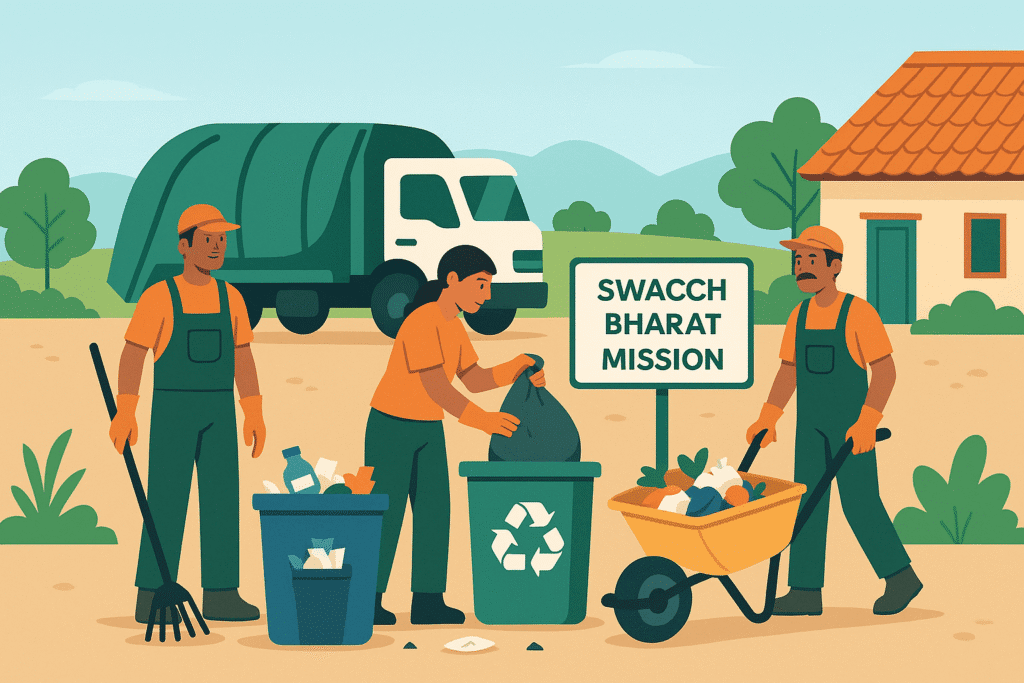 Sanitation workers managing waste and maintaining cleanliness in an Indian village under Swachh Bharat Mission.