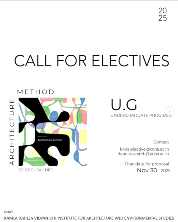 Poster announcing “Call for Electives 2025” by KRVIA under the theme Architecture Method, for undergraduate programs running from December 17 to 24, 2025.