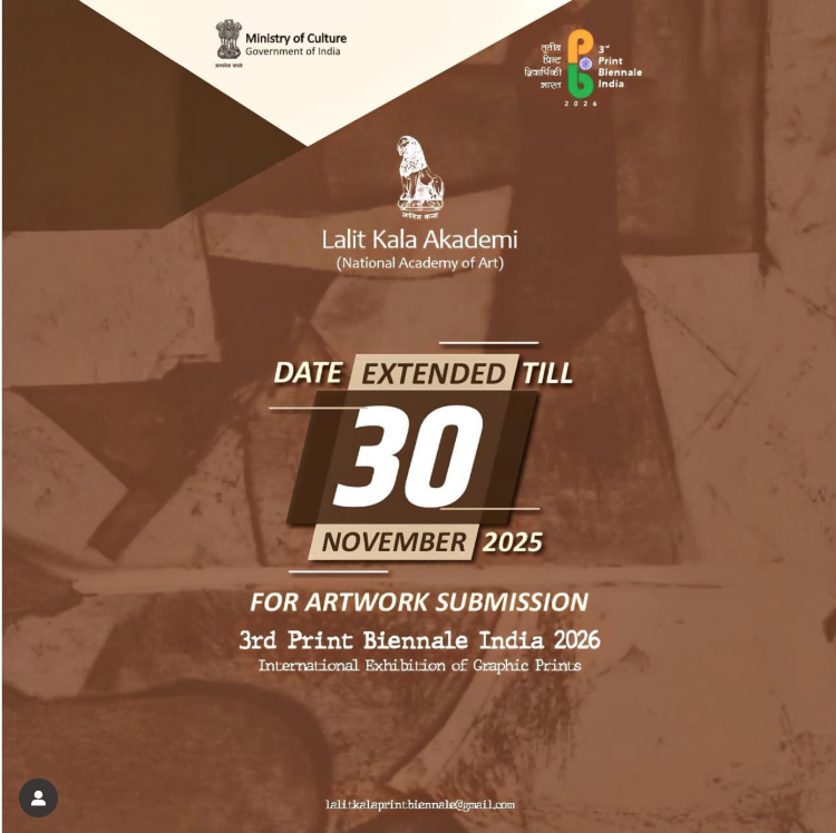 Poster announcing the extended submission deadline till November 30, 2025, for the 3rd Print Biennale India 2026 by Lalit Kala Akademi.