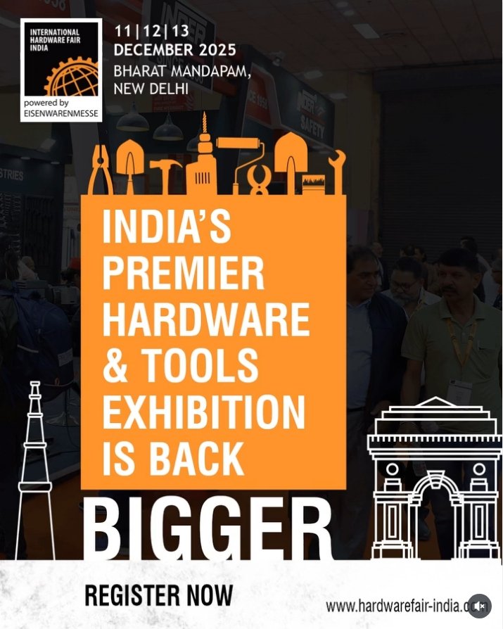Poster for the International Hardware Fair India 2025, announcing India’s premier hardware and tools exhibition scheduled for 11–13 December 2025 at Bharat Mandapam, New Delhi