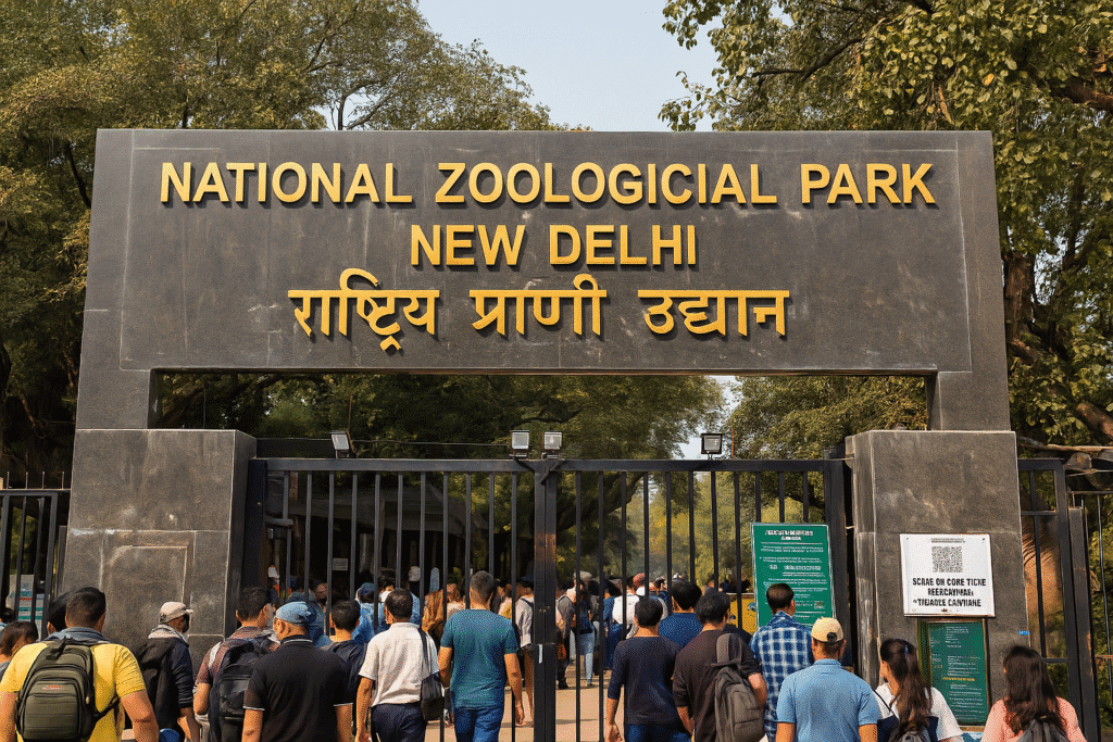 Visitors entering the National Zoological Park, New Delhi, on reopening day with new QR-based Insta Ticket Booking services and signage at the main gate.