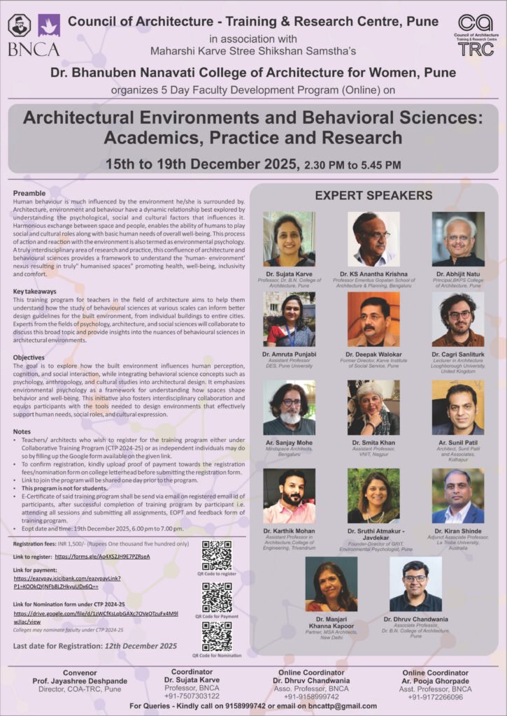 Poster of the 5-day Faculty Development Program on Architectural Environments and Behavioral Sciences organized by BNCA Pune and COA-TRC, scheduled from 15–19 December 2025, featuring program details and expert speakers.