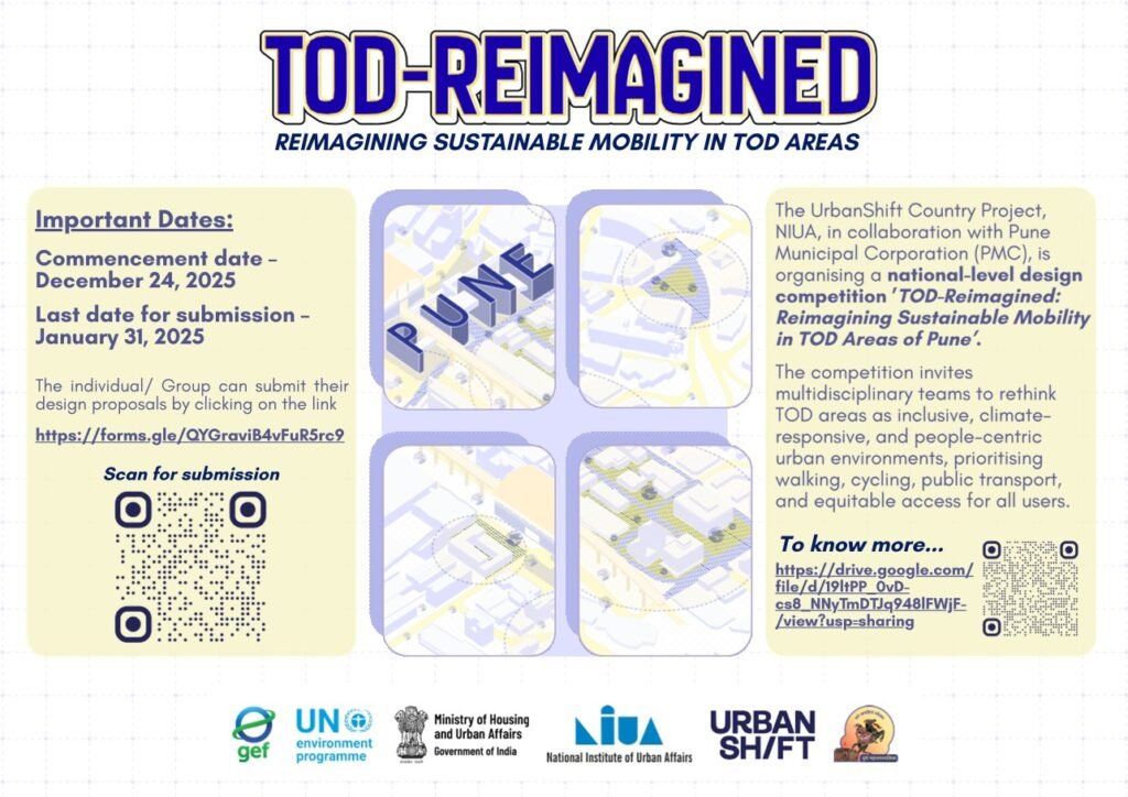 Poster announcing TOD-Reimagined, a national design competition by NIUA and Pune Municipal Corporation on sustainable mobility in Pune’s TOD areas.