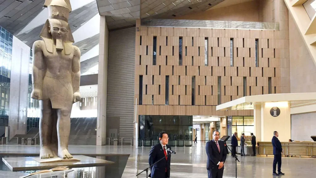 Colossal statue of King Ramses II displayed in the main atrium of the Grand Egyptian Museum.