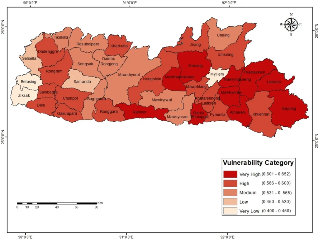 Map of Meghalaya showing climate vulnerability categories of 39 Community and Rural Development Blocks, colour-coded from very low to very high vulnerability.