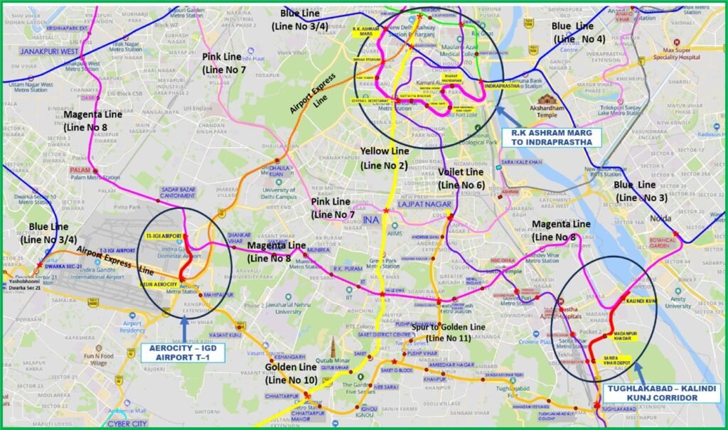 Delhi Metro Phase V(A) map showing RK Ashram Marg–Indraprastha, Aerocity–IGI Airport T1, and Tughlakabad–Kalindi Kunj corridors