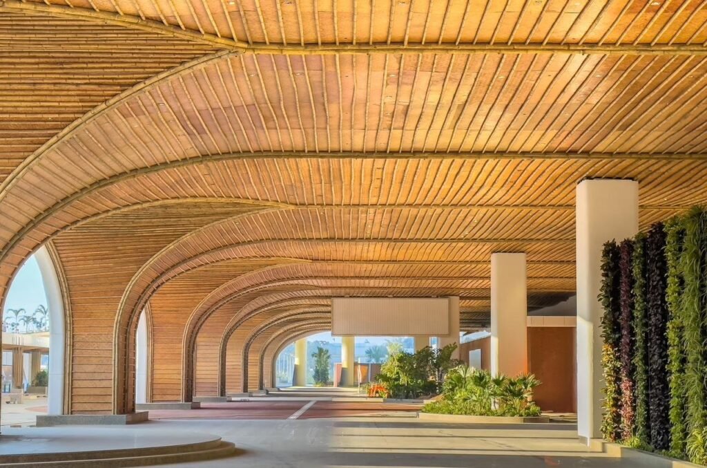 Bamboo-inspired vaulted ceiling inside the new terminal at Lokapriya Gopinath Bordoloi International Airport, Guwahati, showcasing nature-themed sustainable architecture.