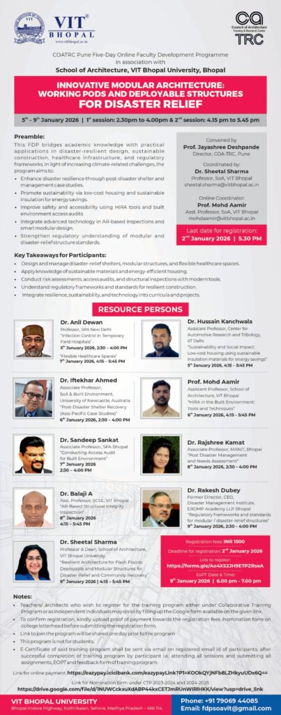 Online FDP on innovative modular architecture and deployable structures for disaster relief organised by VIT Bhopal University
