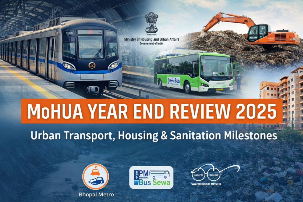 Feature image illustrating MoHUA Year End Review 2025, showing metro rail expansion, PM-eBus Sewa electric buses, urban housing projects, and landfill remediation efforts across Indian cities.