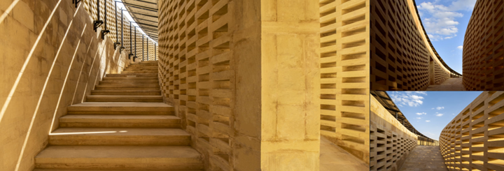 Photograph of patterned shadows cast by jali screens on interior floors and courtyard.