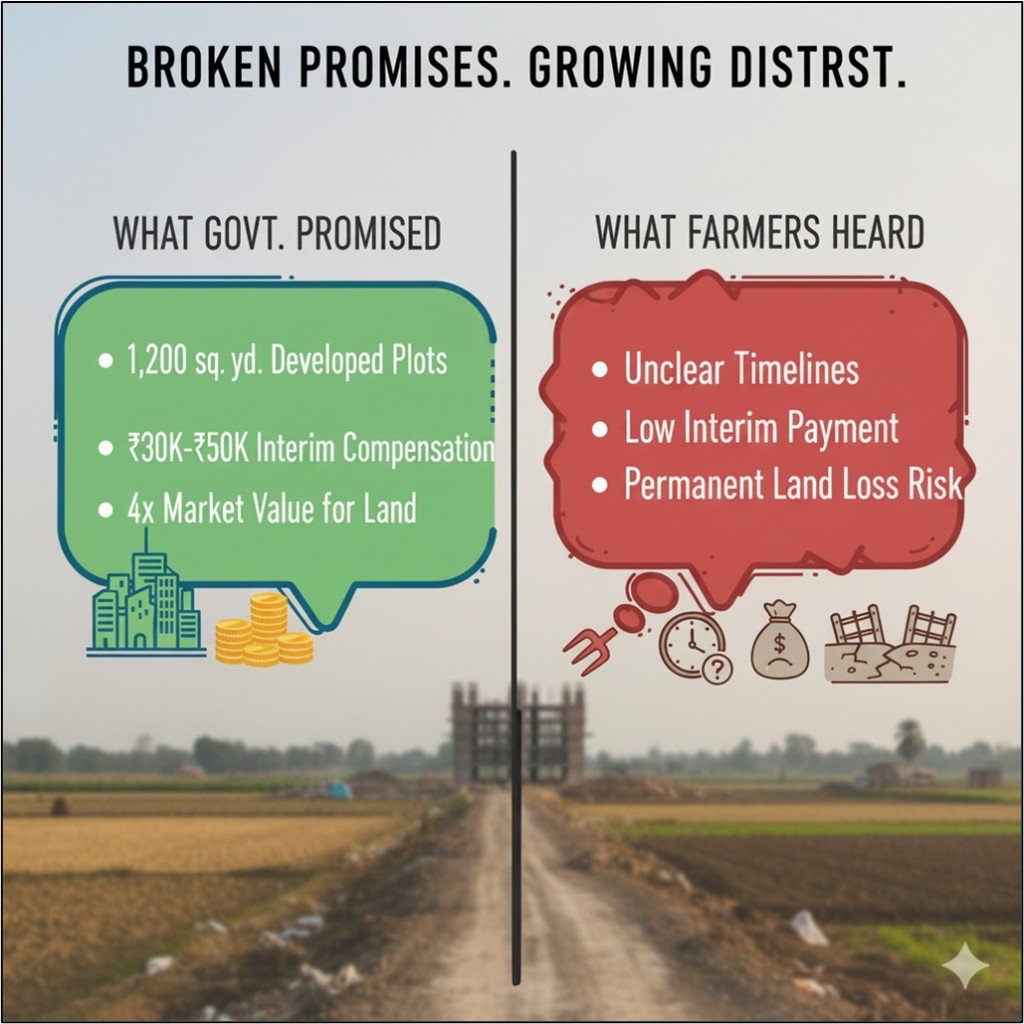 Image depicting a Punjabi farmer addressing a crowd during a protest against the land pooling policy, emphasizing distrust and fear of losing agricultural land.