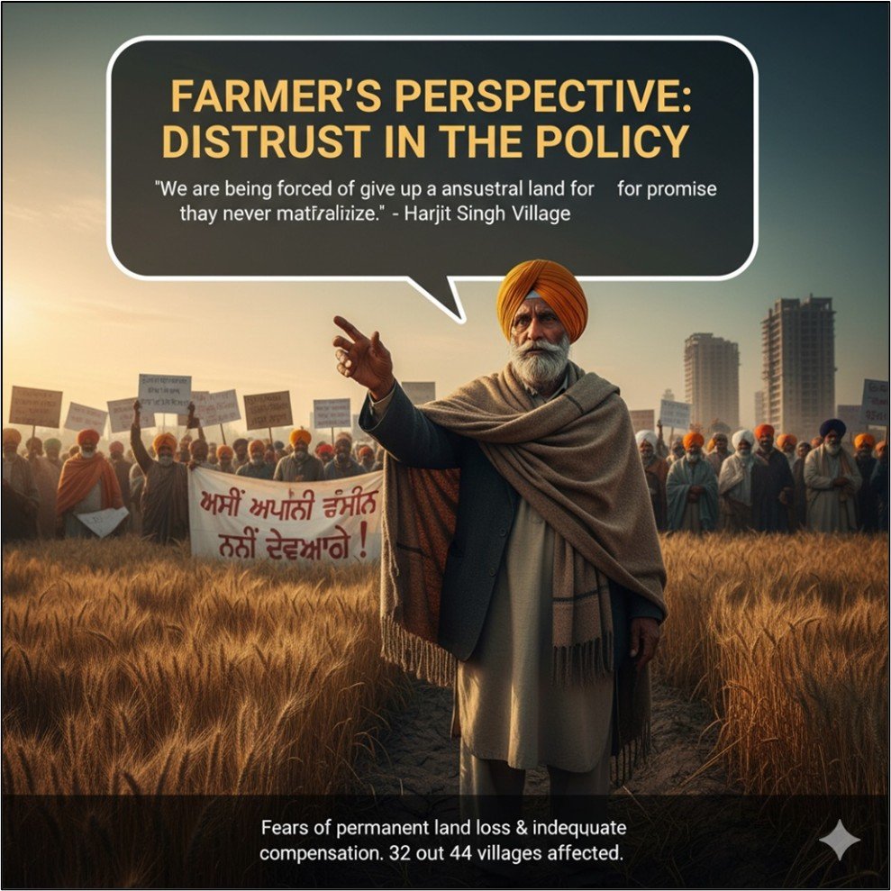 Image depicting a Punjabi farmer addressing a crowd during a protest against the land pooling policy, emphasizing distrust and fear of losing agricultural land.